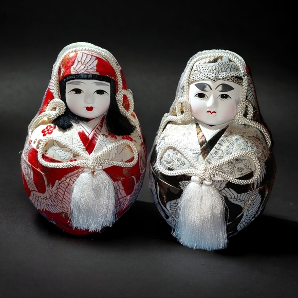 Hime Daruma Wooden Japanese Wedding Dolls - Bride and Groom - Picture 1 of 13